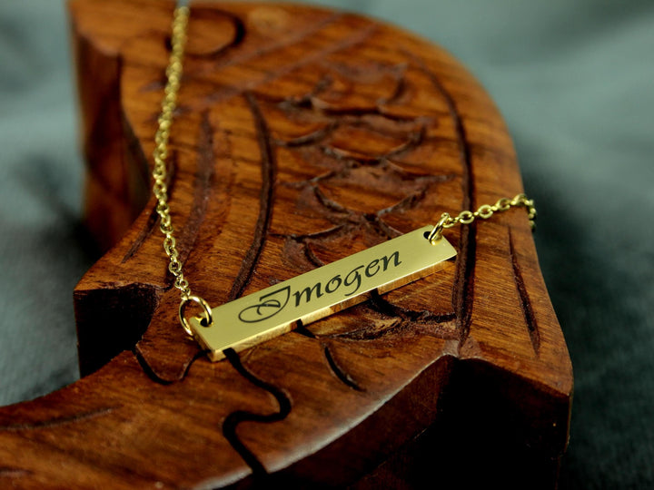 Gold Bar Name Pendant Swirly Engraved Necklace