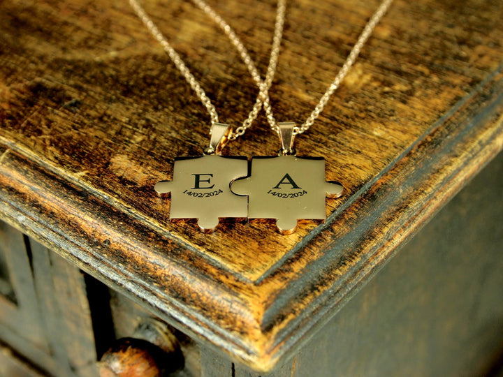 Rose Gold Puzzle Necklace, Initial and Date Pendant