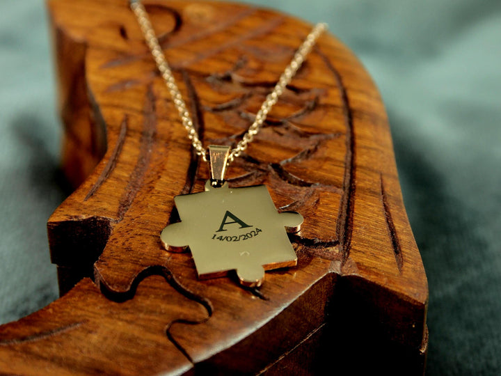 Rose Gold Puzzle Necklace, Initial and Date Pendant