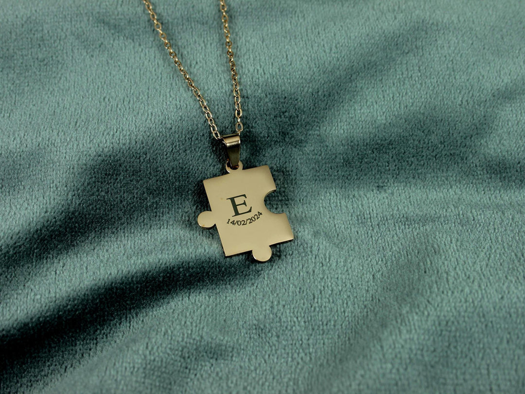 Couples Puzzle Necklace Set, Matching Initials and Date