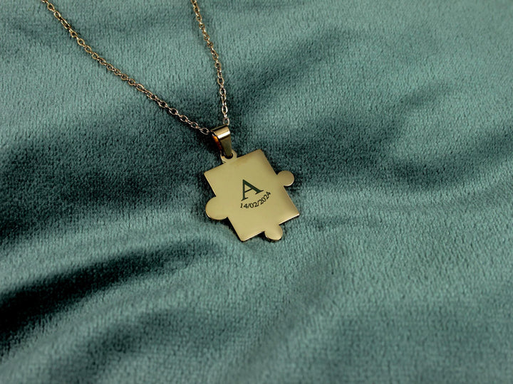 Couples Puzzle Necklace Set, Matching Initials and Date