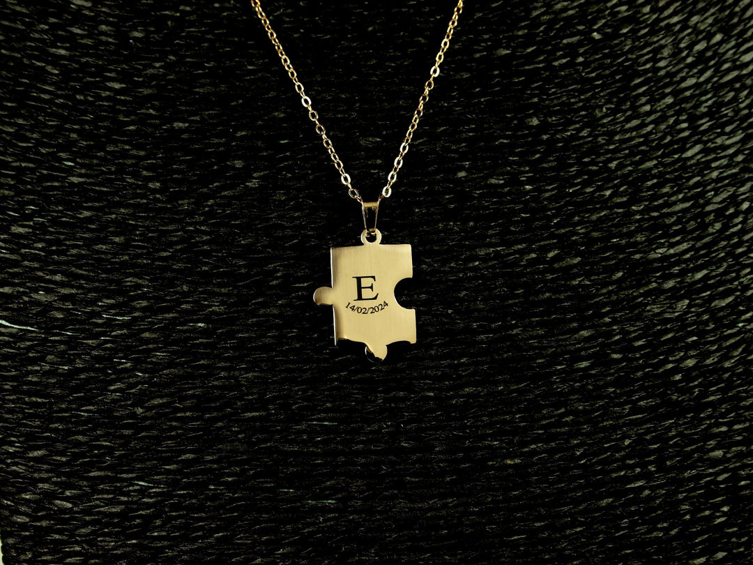 Couples Puzzle Necklace Set, Matching Initials and Date