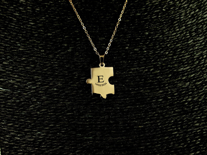 Couples Puzzle Necklace Set, Matching Initials and Date