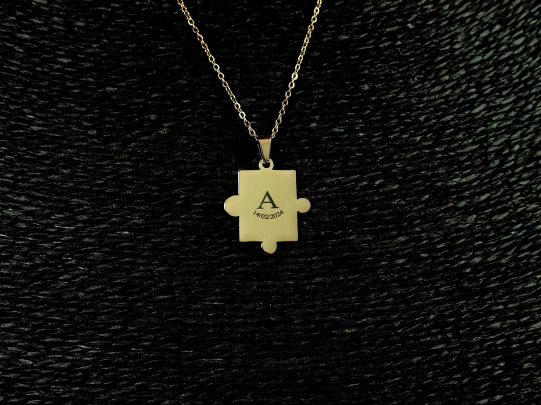 Couples Puzzle Necklace Set, Matching Initials and Date