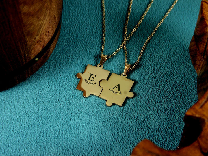 Couples Puzzle Necklace Set, Matching Initials and Date