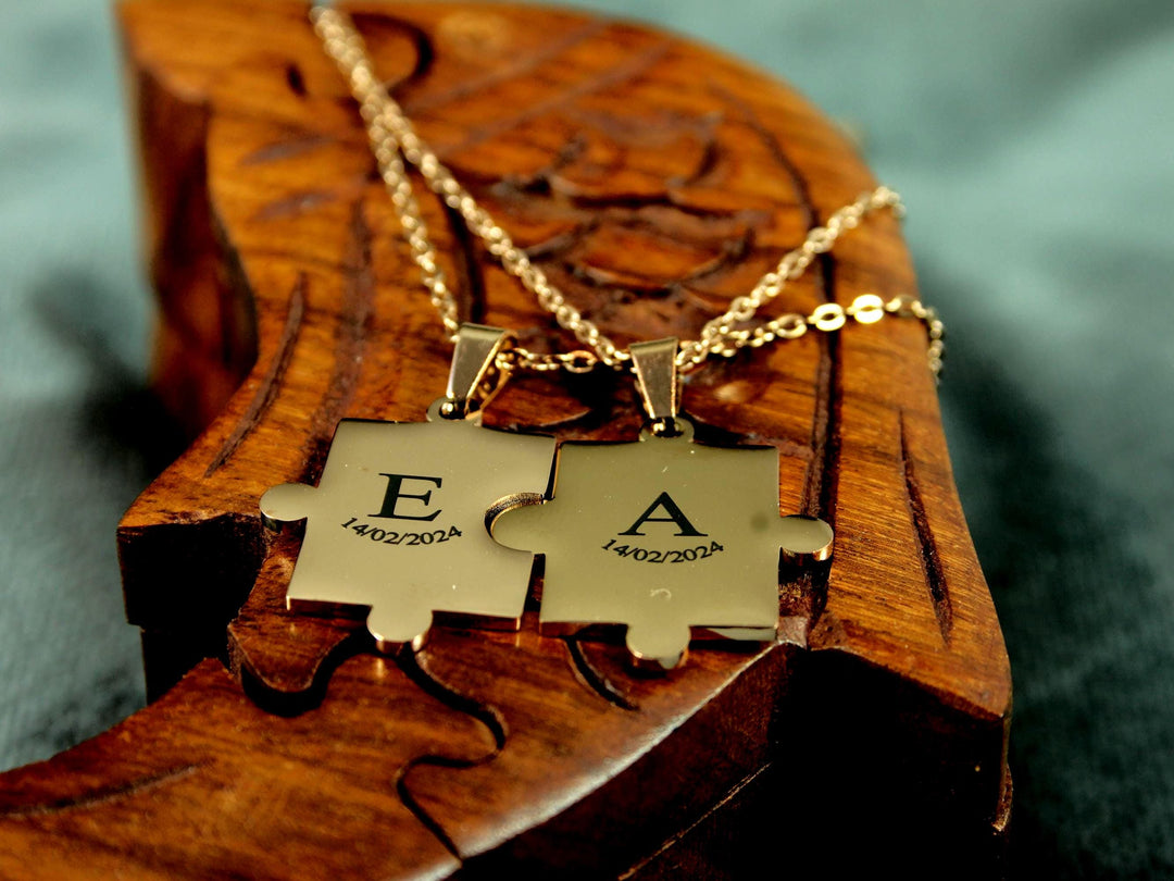 Couples Puzzle Necklace Set, Matching Initials and Date
