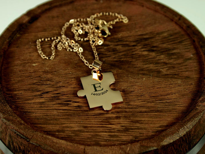 Couples Puzzle Necklace Set, Matching Initials and Date