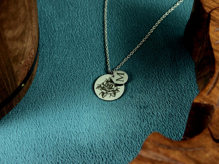 Silver Birth Flower Initial Necklace