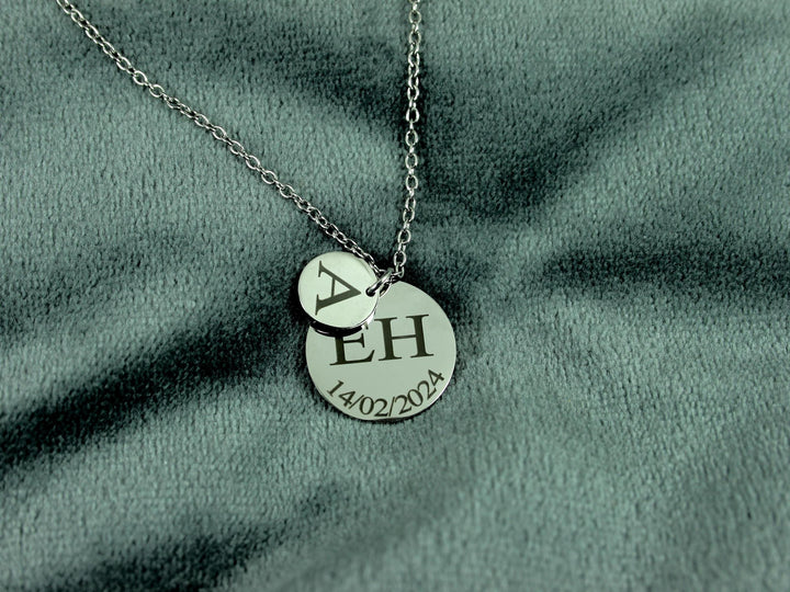 Custom Double Circle Initial, Date Necklace