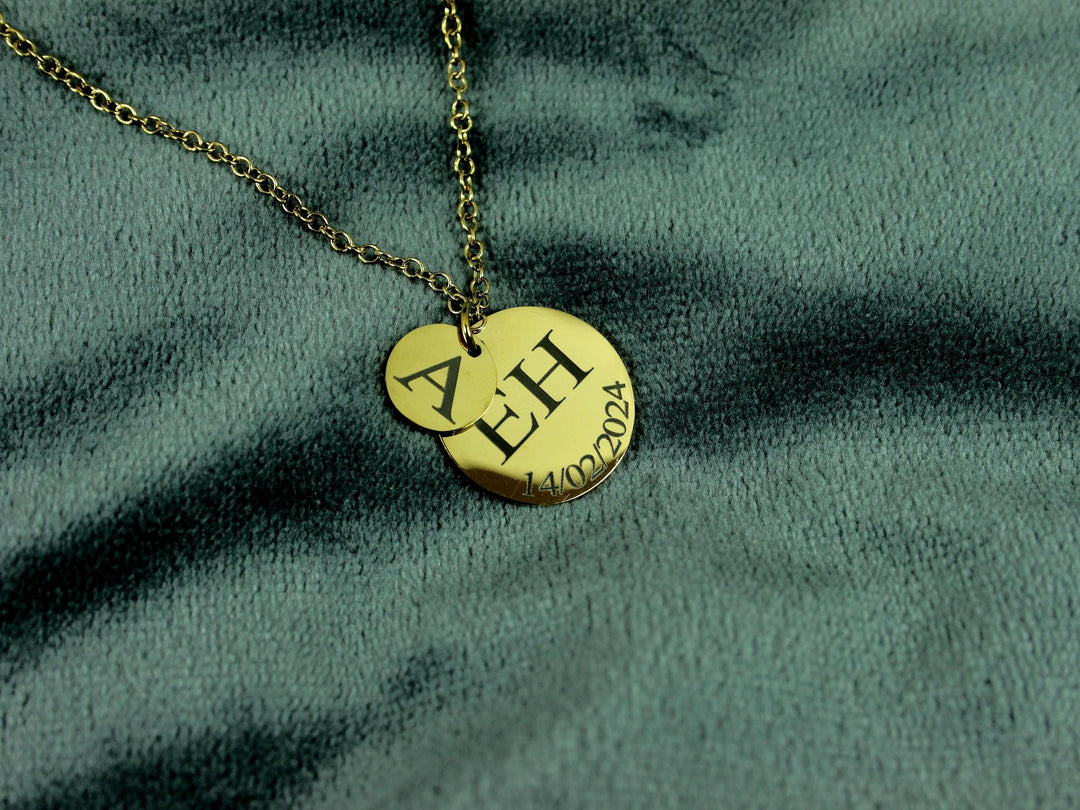 Gold Double Circle Initial & Date Necklace