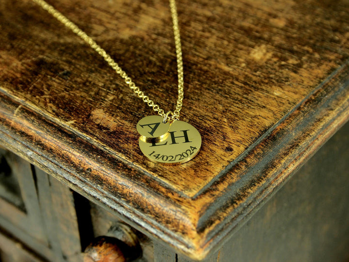 Gold Double Circle Initial & Date Necklace