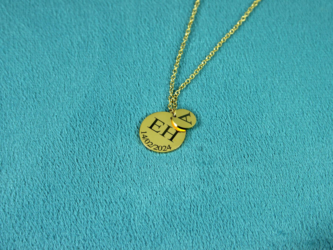 Gold Double Circle Initial & Date Necklace