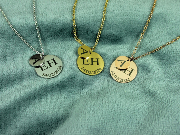 Gold Double Circle Initial & Date Necklace