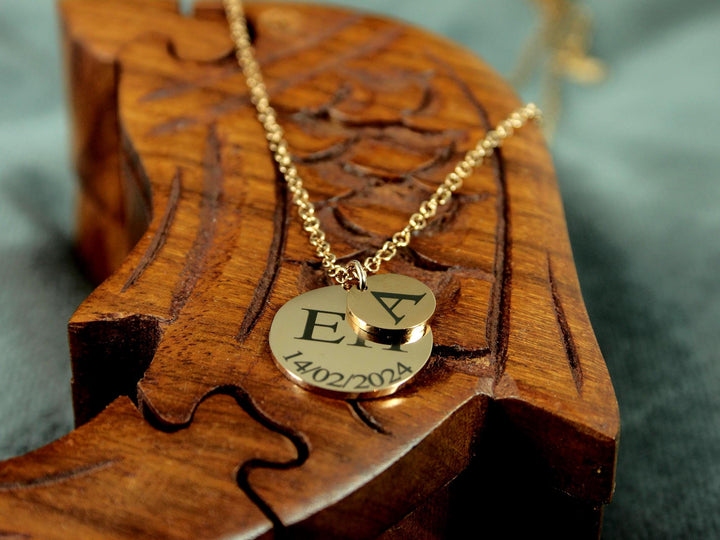 Rose Gold Double Circle Initial & Date Necklace
