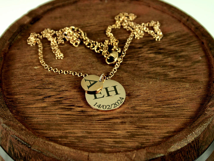 Rose Gold Double Circle Initial & Date Necklace