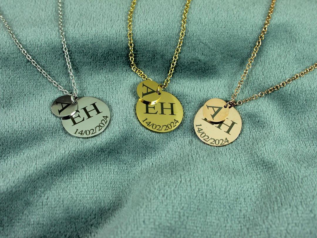 Rose Gold Double Circle Initial & Date Necklace