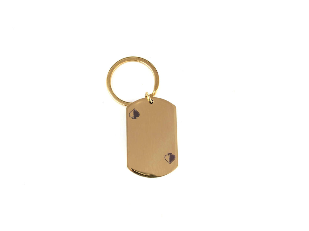 Gold keychain with a rectangular tag on a white background
