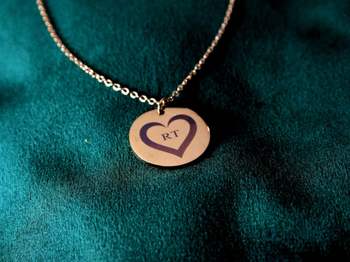 Rose Gold Circle Pendant: Custom Heart & Initials