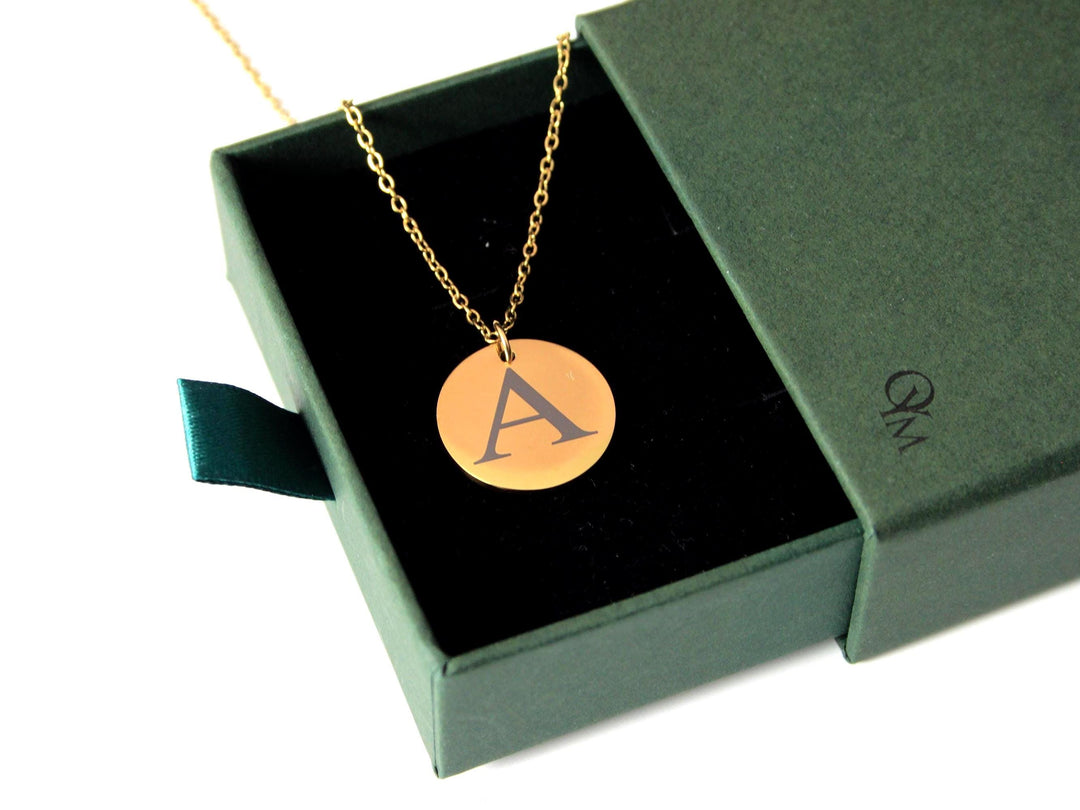 Gold Initial Necklace: Engraved Circle Pendant