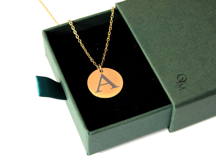 Gold Initial Necklace: Engraved Circle Pendant