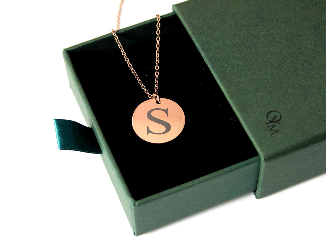 Rose Gold Initial Necklace: Engraved Letter Circle Pendant