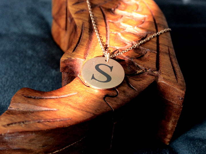 Rose Gold Initial Necklace: Engraved Letter Circle Pendant