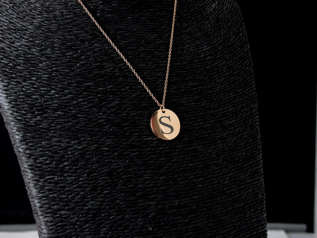 Rose Gold Initial Necklace: Engraved Letter Circle Pendant