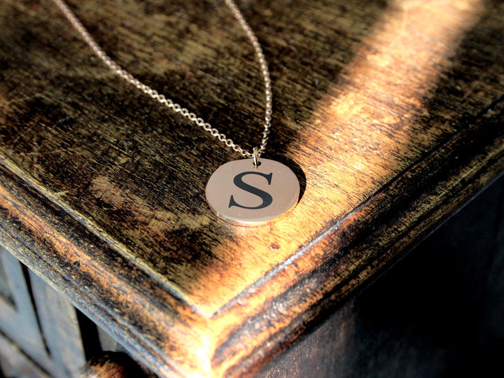Rose Gold Initial Necklace: Engraved Letter Circle Pendant