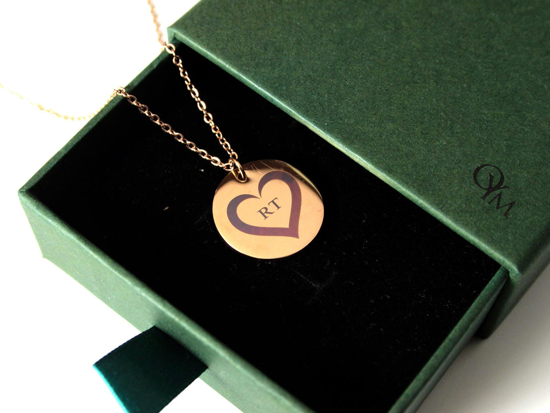 Rose Gold Circle Pendant: Custom Heart & Initials
