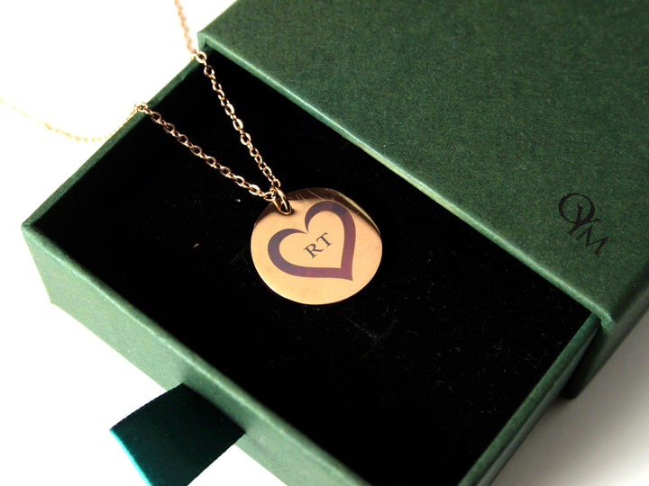 Rose Gold Circle Pendant: Custom Heart & Initials