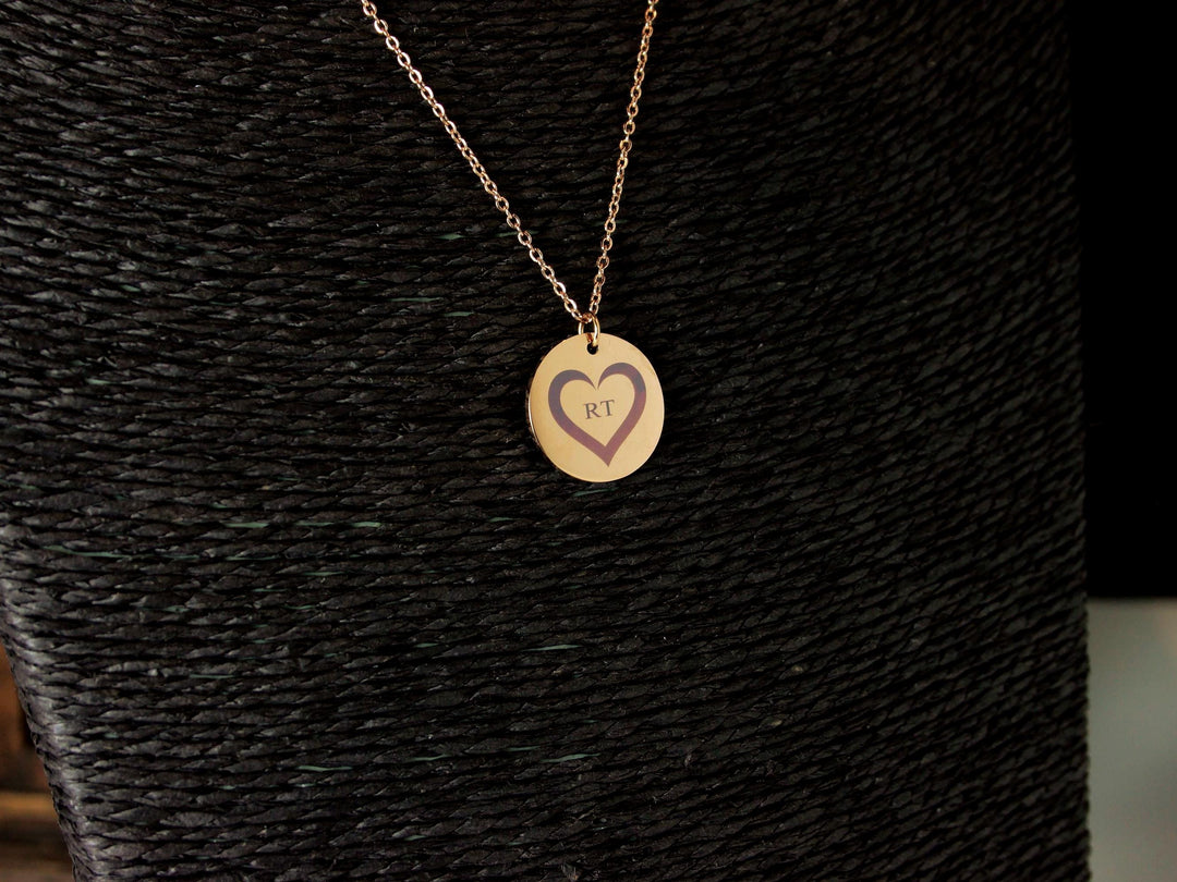 Rose Gold Circle Pendant: Custom Heart & Initials