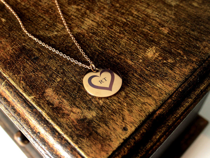 Rose Gold Circle Pendant: Custom Heart & Initials