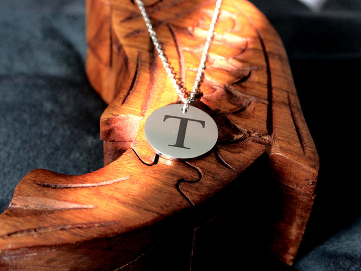 Engraved Initial Circle Pendant Necklace