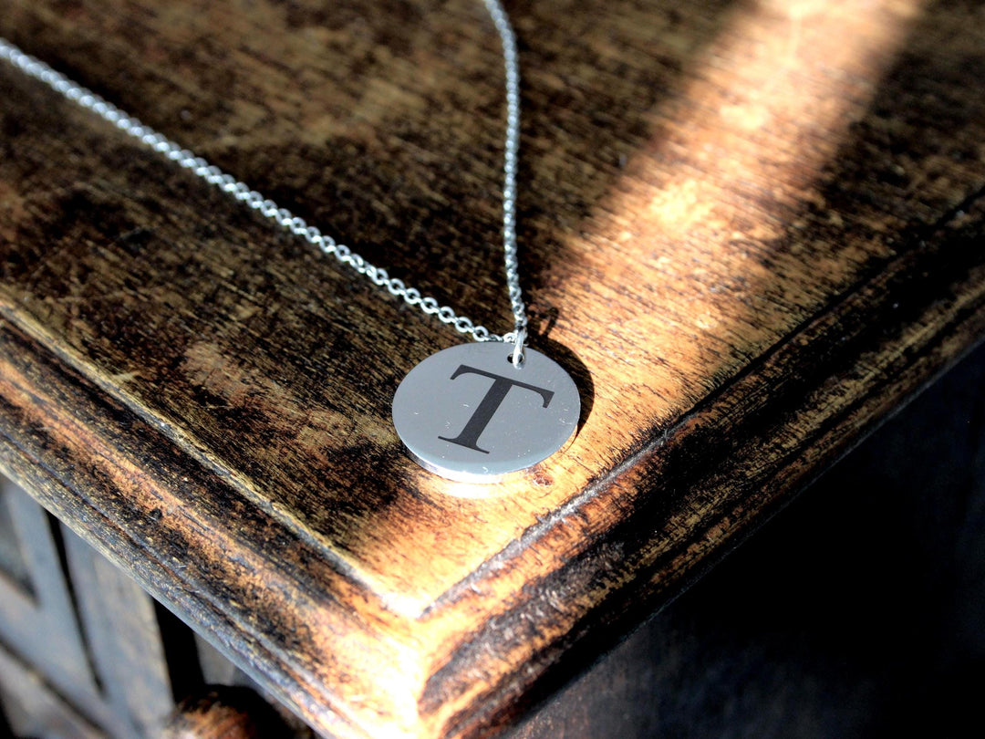 Engraved Initial Circle Pendant Necklace
