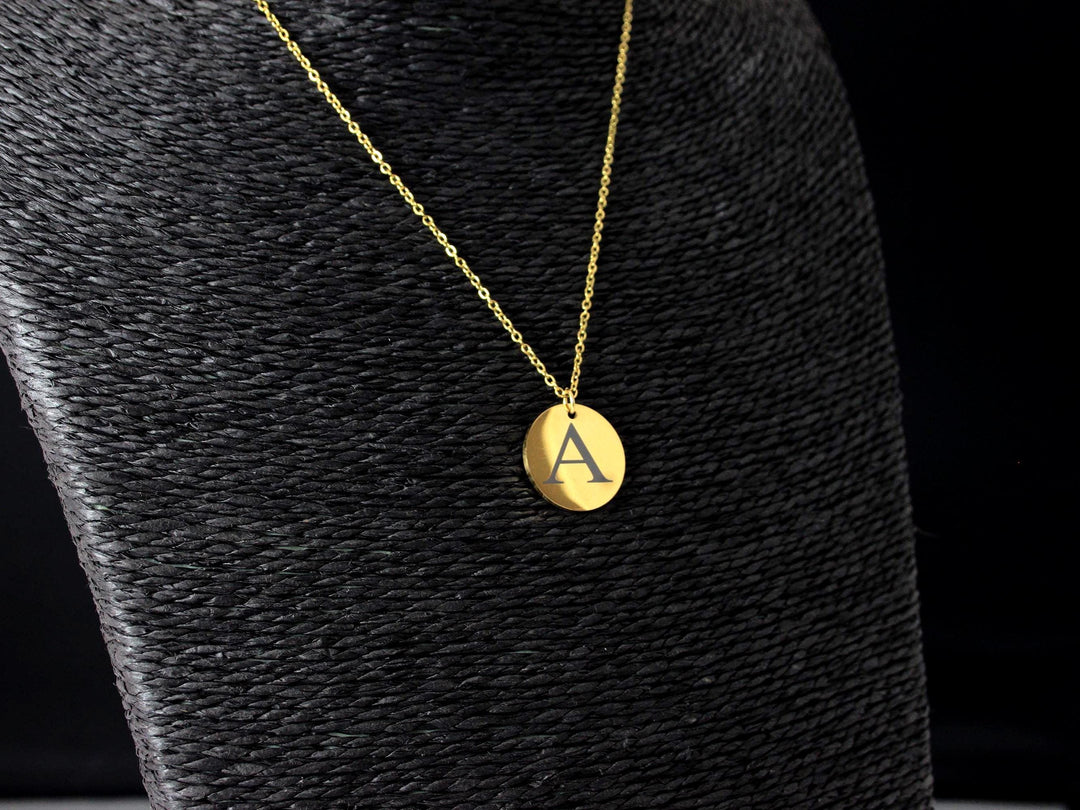 Gold Initial Necklace: Engraved Circle Pendant