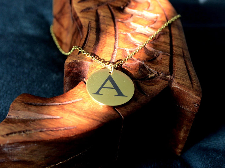 Gold Initial Necklace: Engraved Circle Pendant