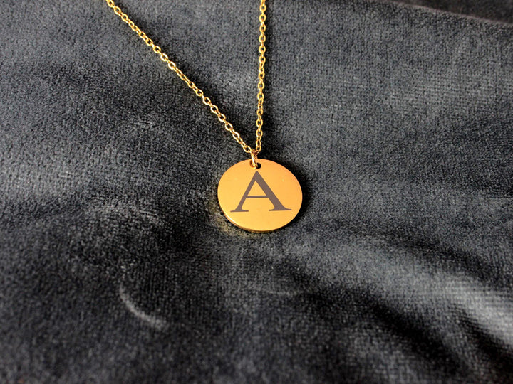 Gold Initial Necklace: Engraved Circle Pendant