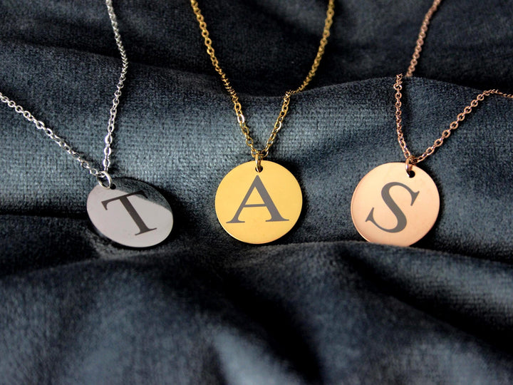 Gold Initial Necklace: Engraved Circle Pendant