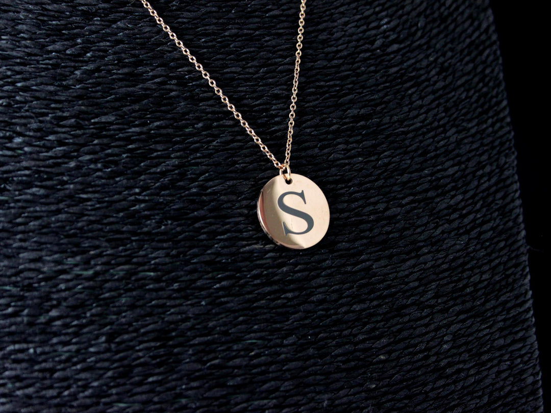 Rose Gold Initial Necklace: Engraved Letter Circle Pendant