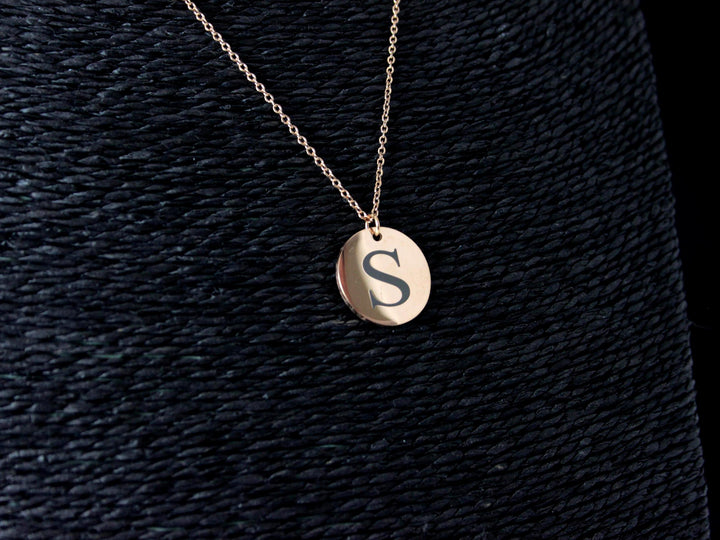 Rose Gold Initial Necklace: Engraved Letter Circle Pendant