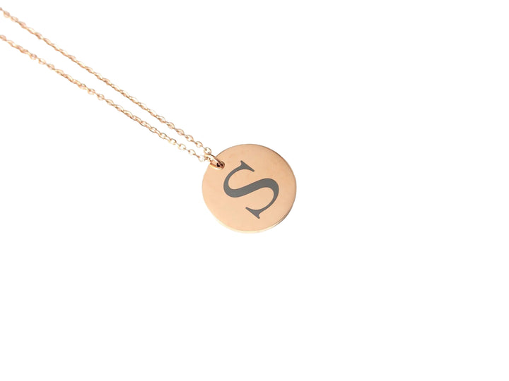 Rose Gold Initial Necklace: Engraved Letter Circle Pendant