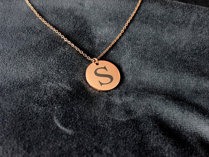 Rose Gold Initial Necklace: Engraved Letter Circle Pendant